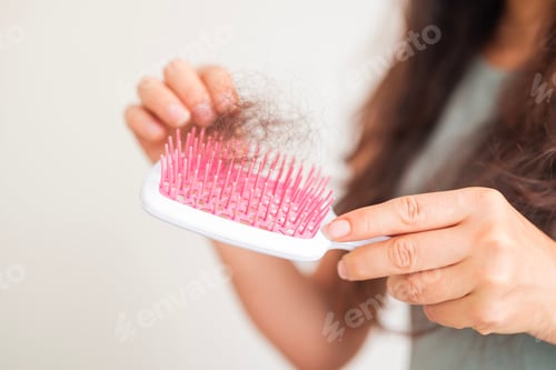 Vista previa: A girl holds dry, fallen hair with a comb after combing. The problem of hair loss and breakage