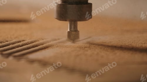 Preview: Close-up of machine for patterns on wood. Creative. Industrial machine with cutting needle on