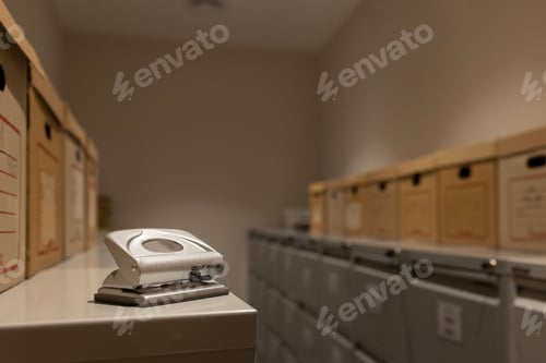 Preview: Room full of files and files where on one of the metal cabinets there is a lone hole punch