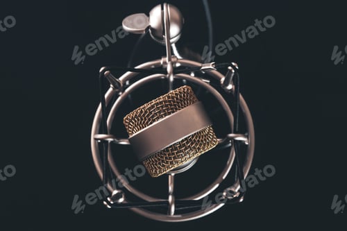 Preview: Close up of vintage microphone on a black background.