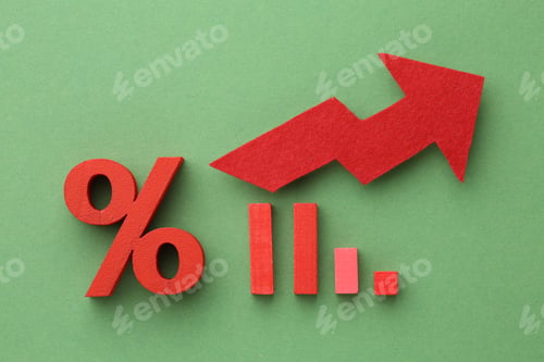 Preview: Colour bar graph with arrow, and percentages. Concept of growth and progress of business, market.
