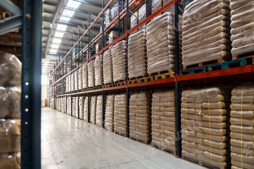 Preview: Logistics warehouse interior with sacks stored on shelves