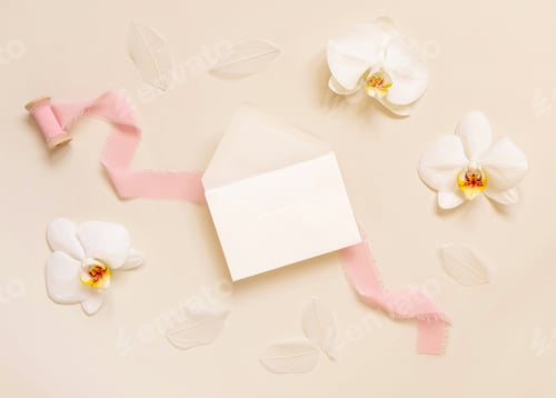 Preview: Wedding envelope near white orchid flowers and silk ribbons on yellow, mockup