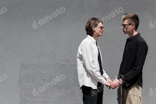Preview: Side view of gay couple holding hands near building outdoors