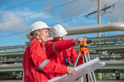 Preview: Construction workers or engineer examine blueprints outdoors and using surveying equipment