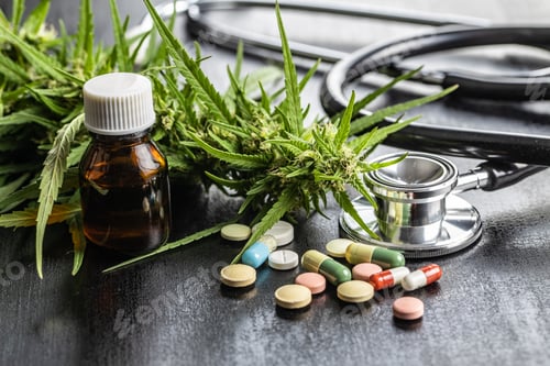 Preview: Marijuana buds flowers of cannabis, stethoscope,pills and oil