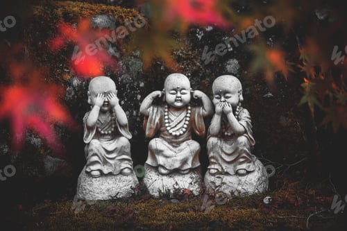 Preview: Scenery of Buddhist statues in Japan, representing "speak no evil, see no evil, hear no evil"