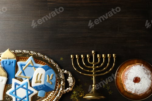 Preview: Gingerbread, Hanukkiah and donut on wooden background, space for text