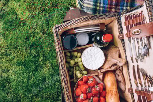 Preview: Great picnic basket with cheese, strawberries, grapes, baguette, wine for picnic on plaid over green
