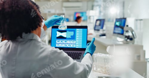 Preview: Lab, back and woman for science research, bio technology and gene mutation with laptop for data ana
