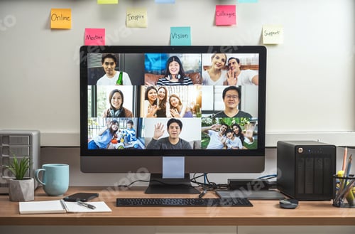 Aperçu: Computer desktop with Stationery and device showing the diversity people say hello