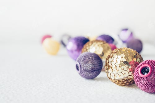 Preview: Christmas holiday festive theme with golden pink violet ball LED garland and gold and purple