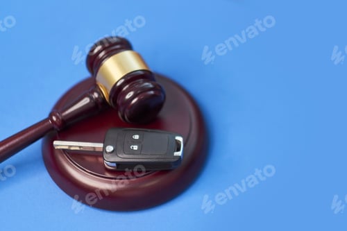 Preview: Close up of judge gavel and car keys over soundboard on blue background.