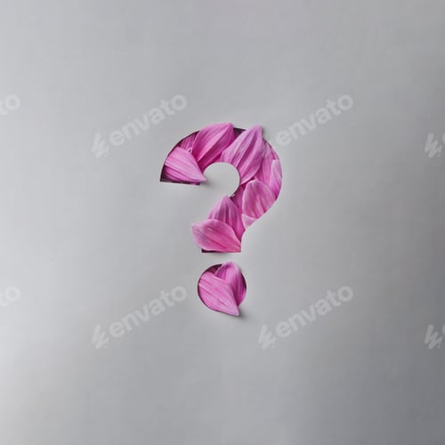 Preview: Question mark cutout of grey paper to reveal fresh flower petals