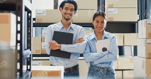 Preview: Business success partnership digital tablet smile looking at camera at warehouse.