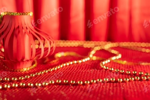 Preview: Red defocused abstract background with Red Chinese paper lantern close up with selective focus