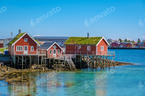 Preview: Red Cabins on Stilts in a Norwegian Fjord, Reine, Lofoten, Norway