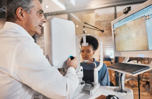 Preview: Computer, eye exam or black woman consulting doctor to help with eyesight at optometrist or ophthal