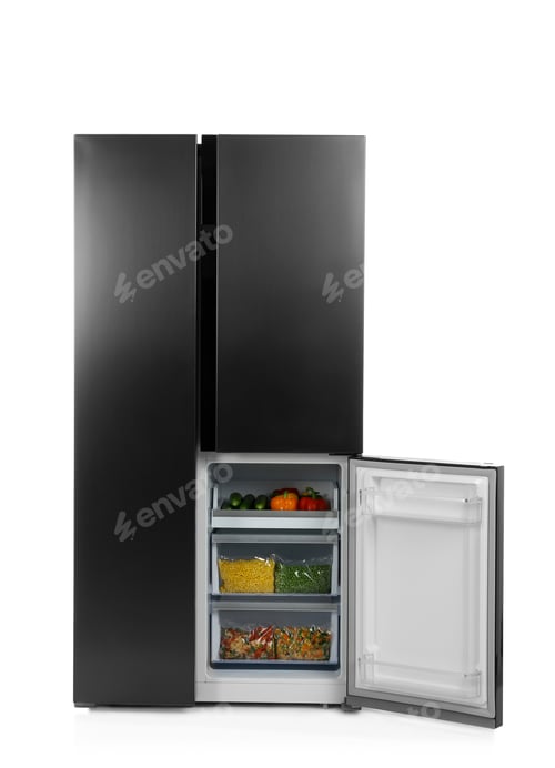 Preview: Open refrigerator filled with products isolated on white
