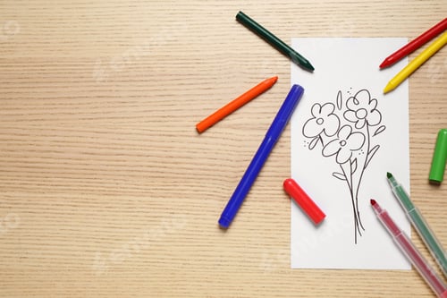 Preview: Flat lay composition with handmade greeting card on wooden table, space for text. Happy Mother's Day