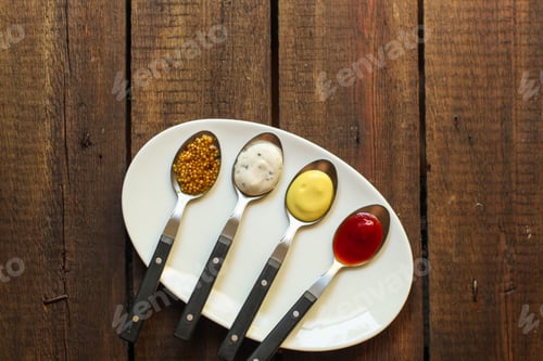 Preview: Sauces, Portion Serving (Ingredients And Dressing To Dish). Top View. Copy Space