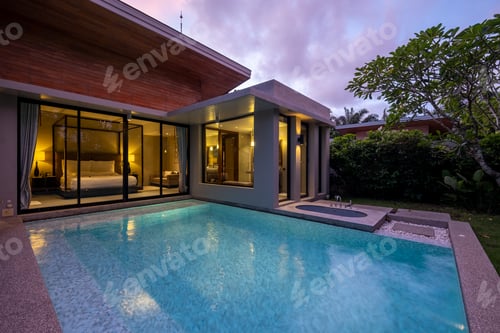 Preview: Modern house with a swimming pool, modern pool villa at the beach