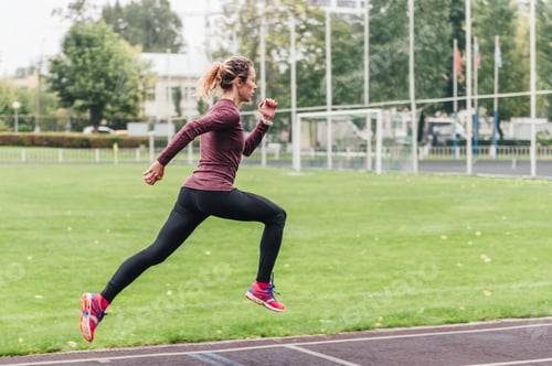 Preview: Woman in sportswear and shoes runs along track past field