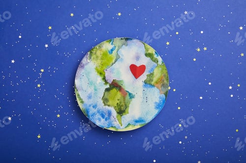 Preview: top view of planet picture with heart symbol on violet background with stars, earth day concept