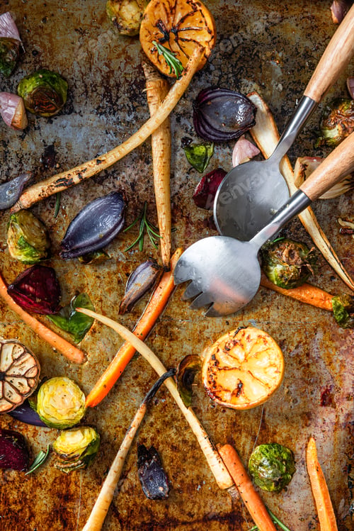 Preview: Mixed root vegetable roast with herbs. Healthy simple grill food