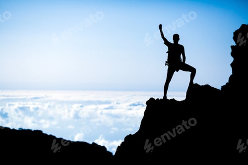 Preview: Hiking success, man hiker runner climber in mountains