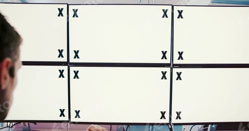 Preview: Computer screens, office and mockup space for cctv, safety or security footage on monitor. Protecti