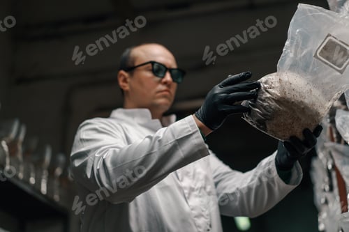 Preview: Mushroom farm scientist-mycologist grows and tests mushrooms in plastic bags growing organic food