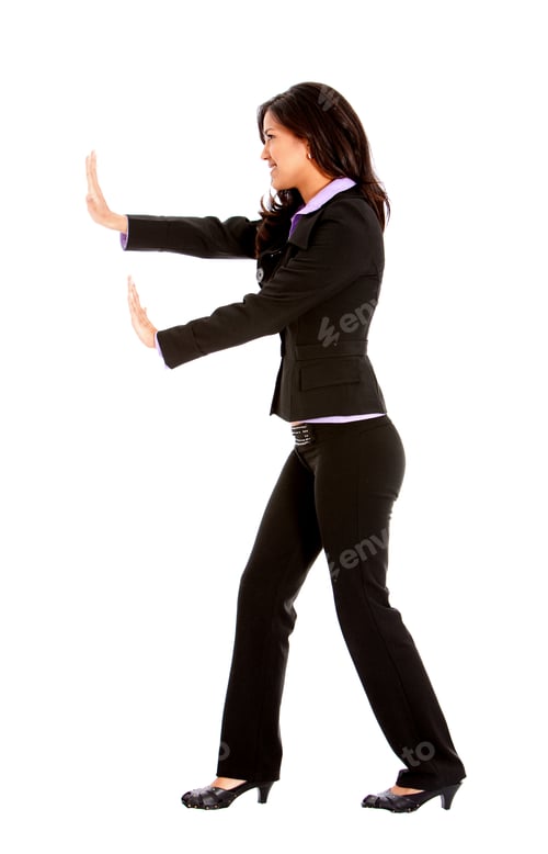 Preview: Business Woman Pushing Something Imaginary Isolated Over White