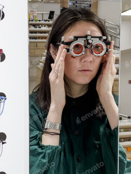 Preview: A woman in diopter glasses looks in the mirror in the optics salon