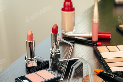 Preview: Make up products on vanity table close up