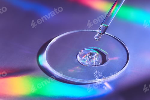 Preview: Pipette with sample of cosmetic product in petri dish on iridescent holographic background