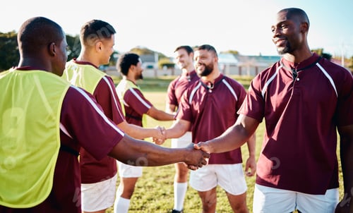 Preview: Man, sports and handshake for team greeting, introduction or sportsmanship on the grass field outdo