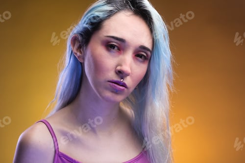 Preview: modern Mexican trend cyber style glow emotion studio light. neon Latin woman.