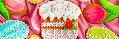 Preview: background banner greeting card for Happy Easter with set colorful eggs, Easter cake