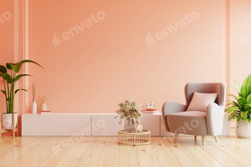 Preview: Modern living room. peach fuzz room have peach armchair with peach color paint wall