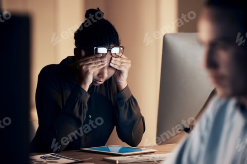 Preview: Stress, headache and business black woman at night working on project, report and strategy deadline