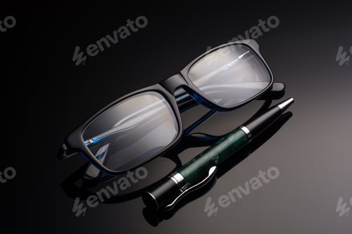 Preview: glasses and pen on a black background