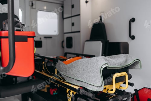 Preview: Inside of ambulance. Medical equipment including stretcher.