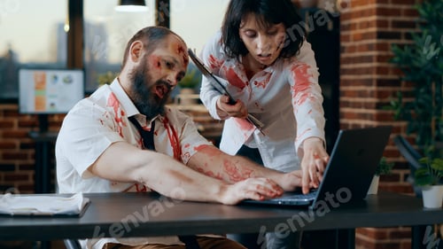 Preview: Creepy looking office zombie working on laptop while smirking bizarre at camera.