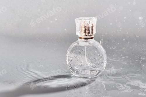 Vista previa: Glass perfume bottle in spray water background. Falling splashes and drops of water