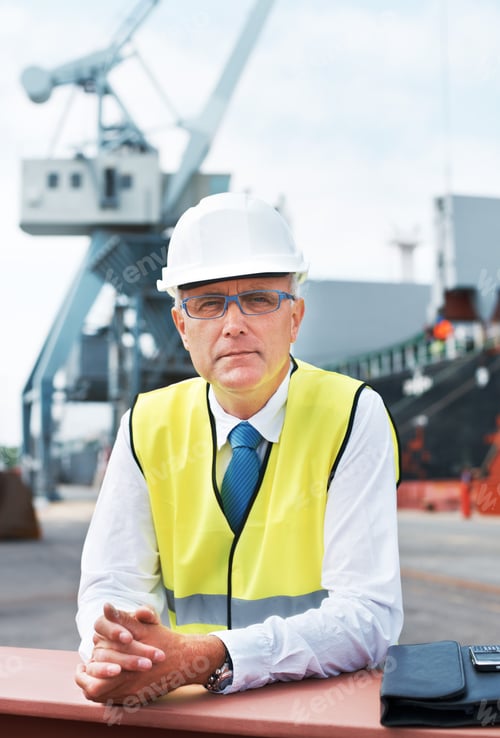 Preview: Im satisfied with my career.A portrait of a customs worker standing in the shipyard.