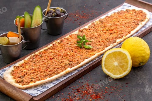 Preview: Closeup shot of TRADITIONAL SYRIAN food, meat with bread and lemon
