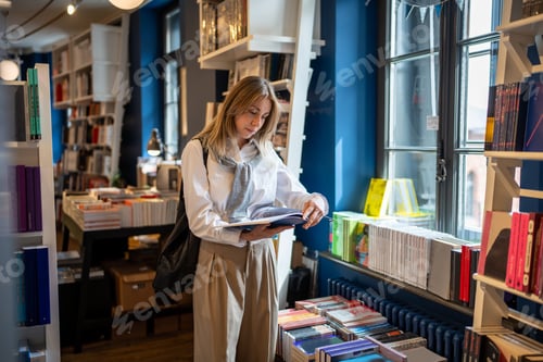 Preview: Focused thoughtful middle aged woman reading book standing shopping in modern bookstore near window