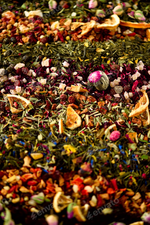 Preview: Different types of tea: green, black, floral, herbal, mint, melissa, rose, hibiscus, cornflower. Dry