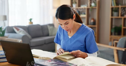 Preview: Nurse, woman and reading with books by laptop for medical research, knowledge and information. Heal
